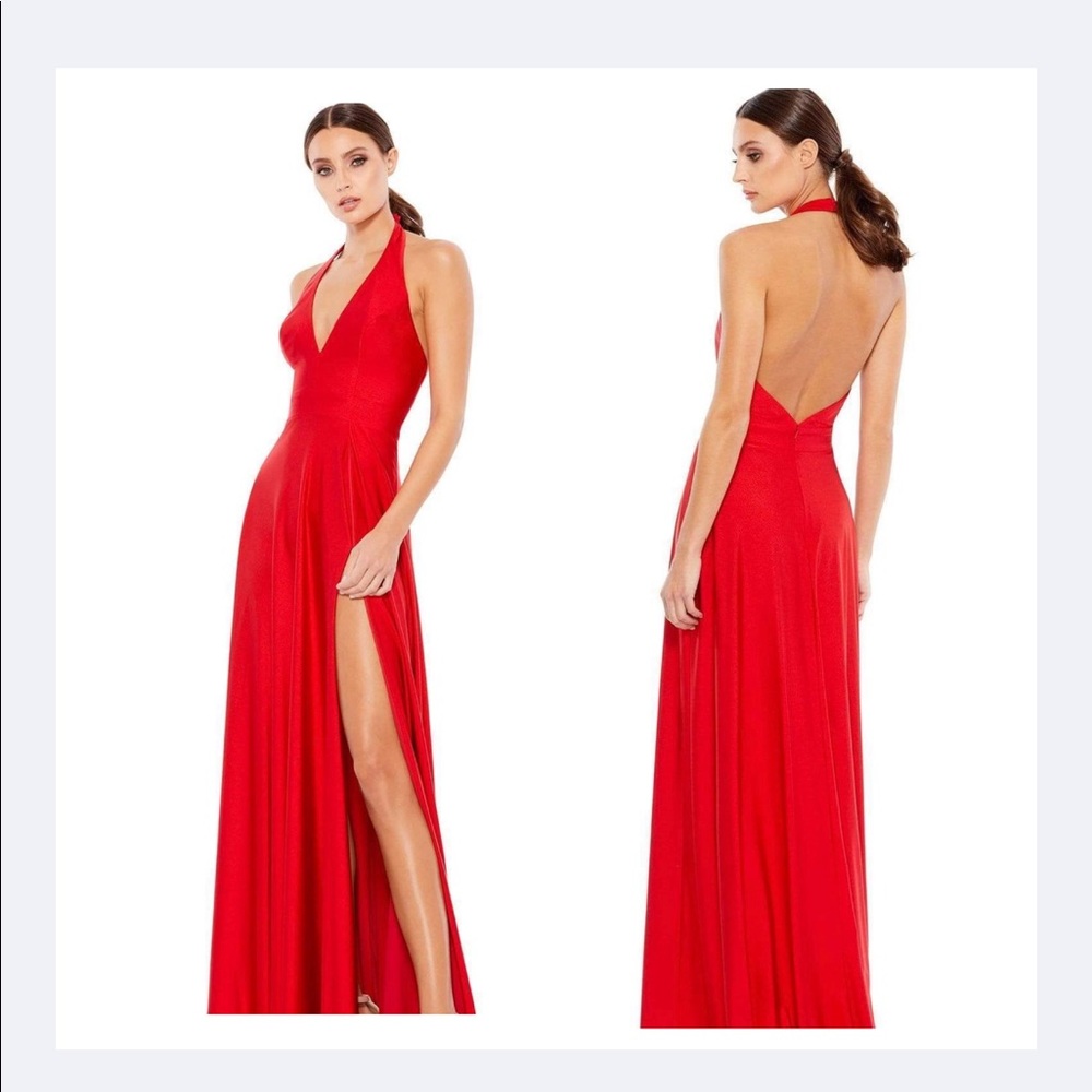 Ieena Duggal - 26539 Halter V-Neckline Open Back A-Line Gown With Slit